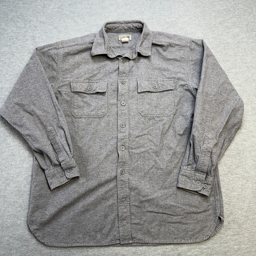 LL‎ Bean Shirt Mens Large Gray Chamois Cloth Flannel Heavyweight Work Chore